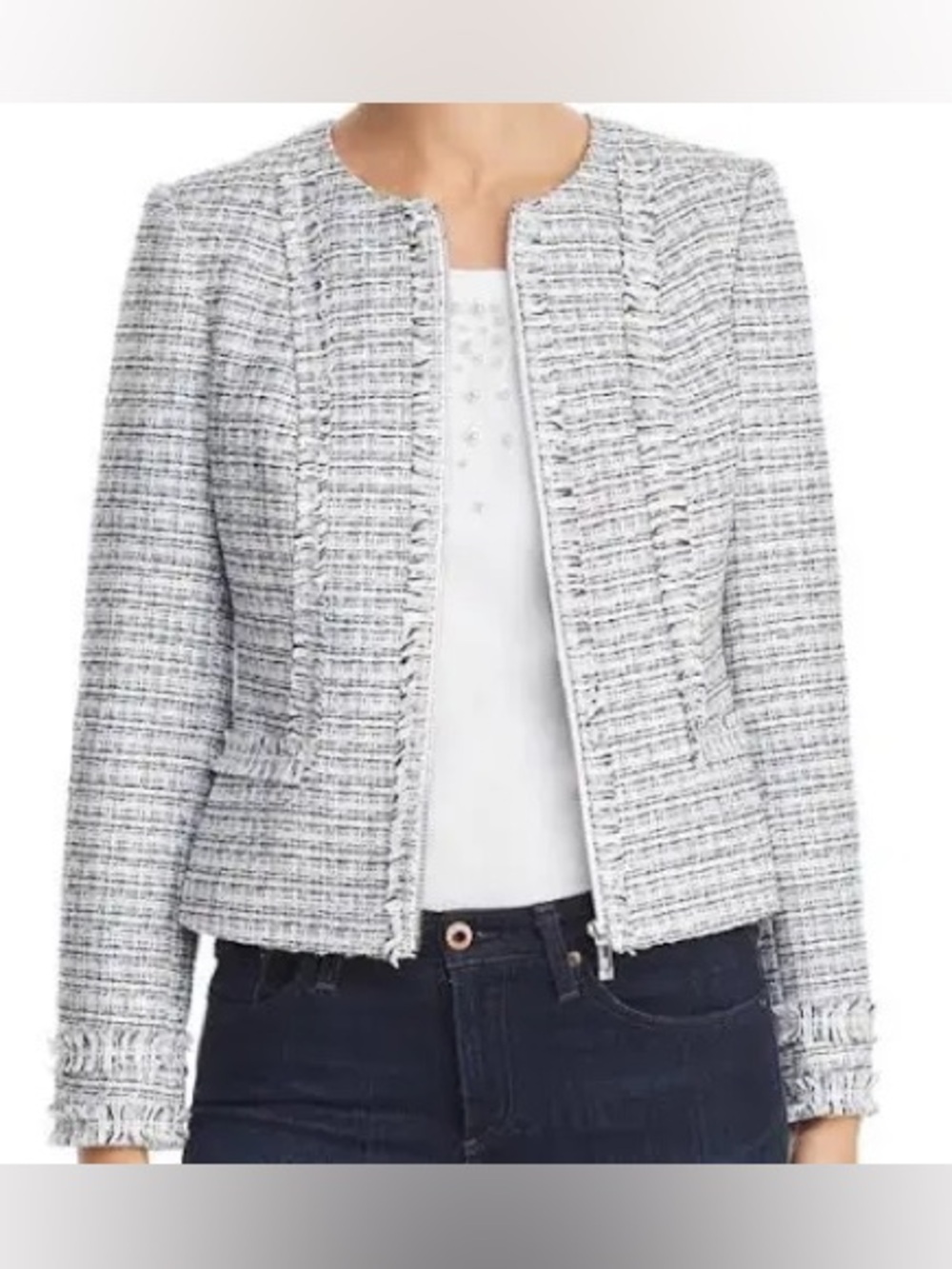 Karl Lagerfeld Paris Tweed Fringe Trim Jacket Blazer Womens Size 10